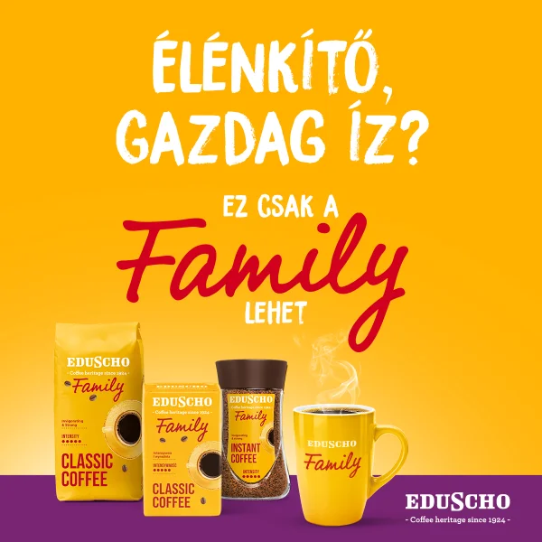 Sárga hátterű Eduscho Family reklám. A fő szöveg: „Élénkítő, gazdag íz? Ez csak a Family lehet.” Alul balról jobbra Eduscho Family szemes kávé, őrölt pörkölt kávé, instant kávé és egy gőzölgő sárga bögre látható. Jobb alsó sarokban az Eduscho logó szerepel.